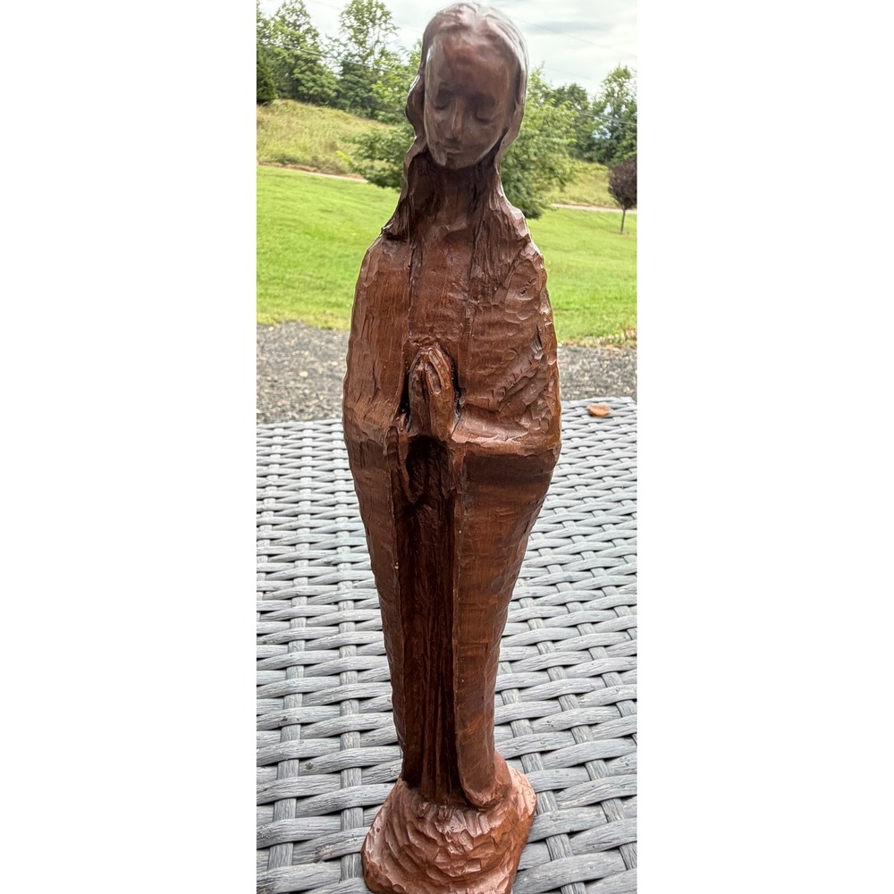 Vintage Hand Carved Wood Virgin Mary Statue Religious Folk Art Madonna 10.5 Inch